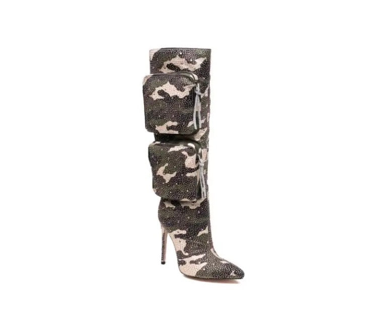 Camouflage rhinestone knee high boots